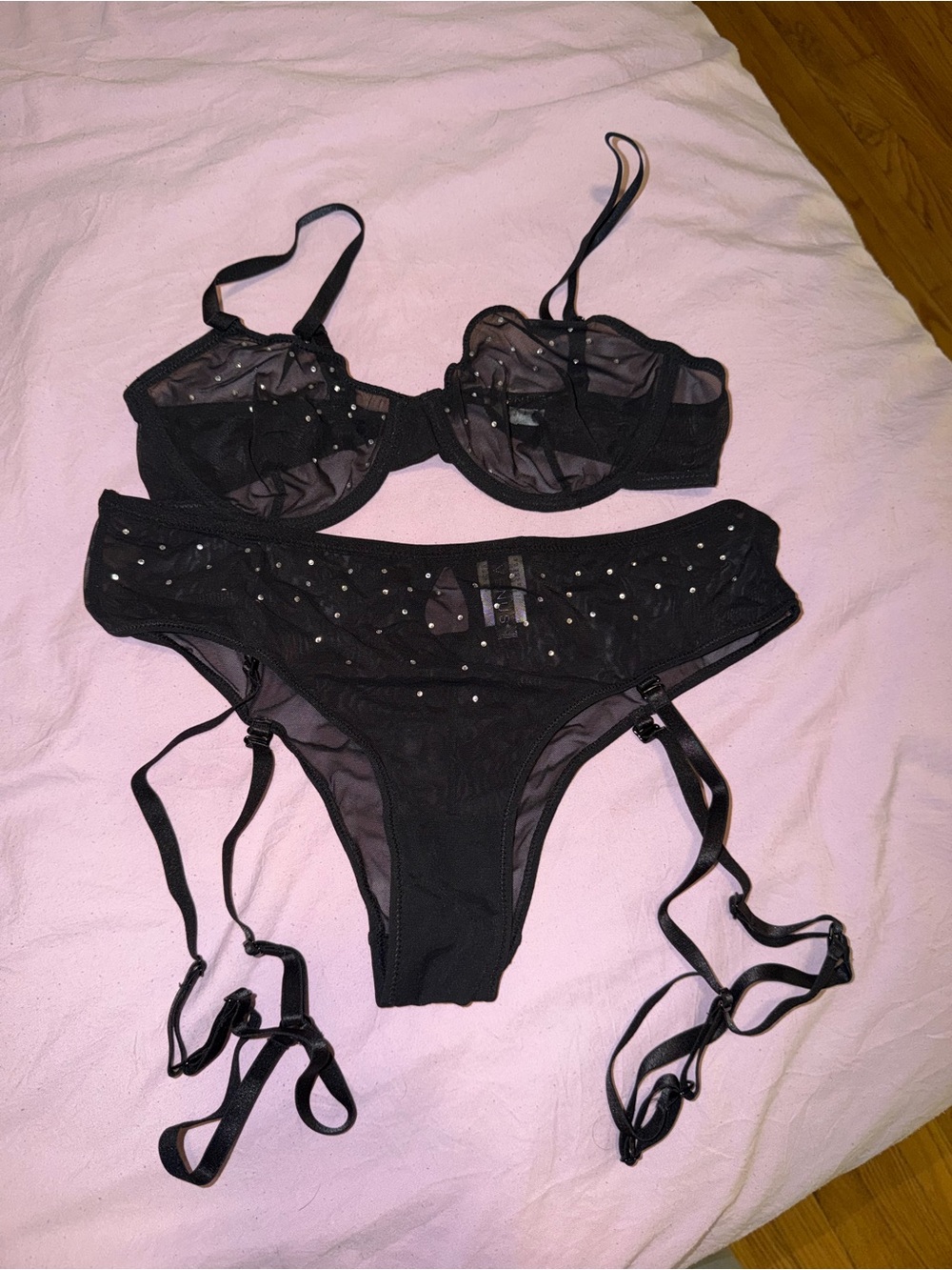 VENUS Black Sheer Rhinestone Lingerie Set